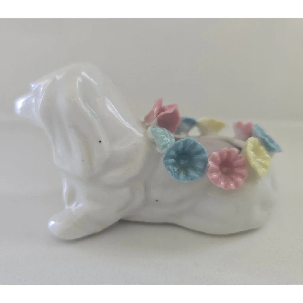 Vintage Porcelain Dachshund Pin Cushion White Ceramic Floral Dog Figurine